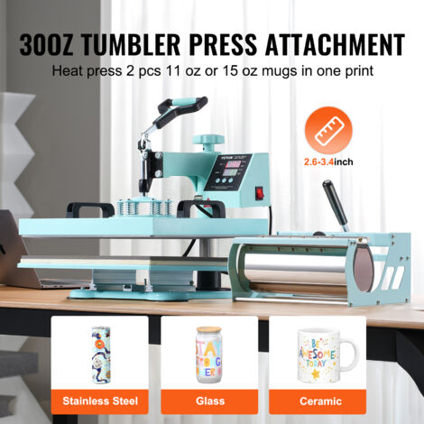 VEVOR Presse a Chaud 5-en-1 Plaque 38x38 cm, Machine de Sublimation Textile avec Presse a Tasses de 89 cL, Pivotant a 360°, Controle Numerique Precis, DIY T-shirts/Chapeaux/Tasses/Assiettes, Vert