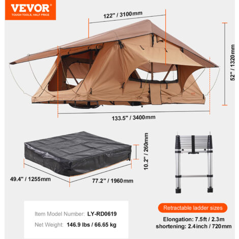 VEVOR Tente De Toit Rigide Pour Camping - 2-3 Personnes - Imperméable Avec Échelle Et Matelas