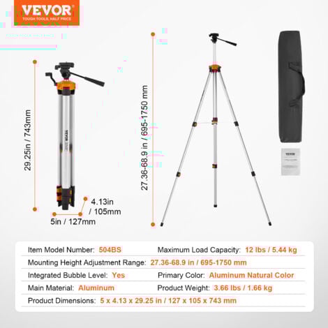 Trepied de niveau laser VEVOR, montage filete ¼ x 20, reglage de la hauteur de 27,36 a 68,11 pouces avec niveau a bulle integre, support de scanner laser leger, pieds retractables