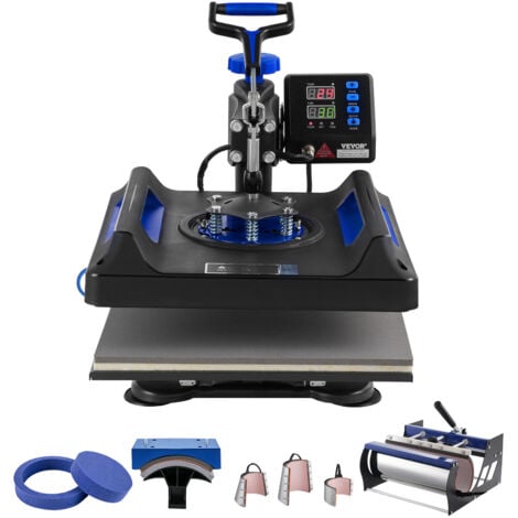 VEVOR Presse a Chaud 8-en-1, Plaque Chauffante 38x38 cm, Machine de Sublimation Textile avec Presse a Tasses 89 cL, Pivotant a 360°, Pressage Numerique, T-shirt/Chapeau/Tasse/Assiette, Noir et Bleu
