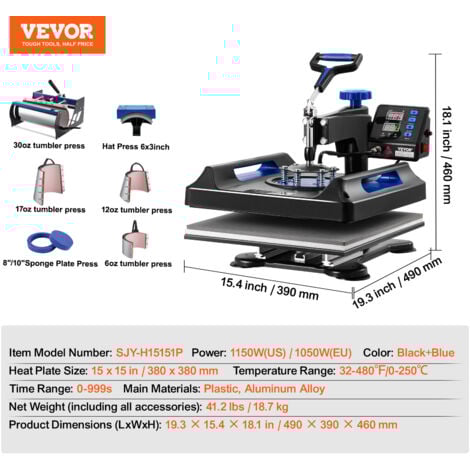 VEVOR Presse a Chaud 8-en-1, Plaque Chauffante 38x38 cm, Machine de Sublimation Textile avec Presse a Tasses 89 cL, Pivotant a 360°, Pressage Numerique, T-shirt/Chapeau/Tasse/Assiette, Noir et Bleu