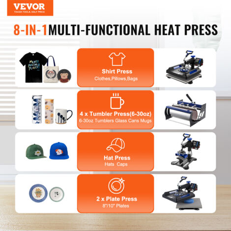 VEVOR Presse a Chaud 8-en-1, Plaque Chauffante 38x38 cm, Machine de Sublimation Textile avec Presse a Tasses 89 cL, Pivotant a 360°, Pressage Numerique, T-shirt/Chapeau/Tasse/Assiette, Noir et Bleu