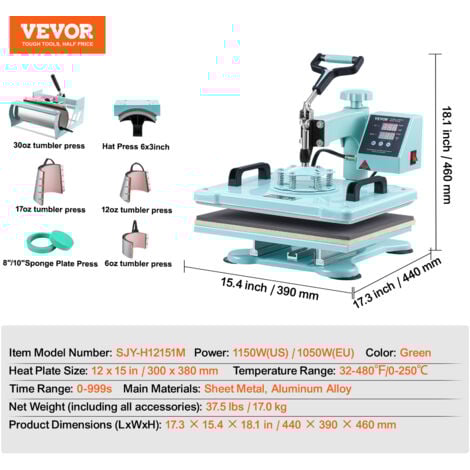 VEVOR Presse a Chaud 8-en-1 Plaque 30x38 cm, Machine de Sublimation Textile avec Presse a Tasses de 18-89 cL, Pivotant a 360°, Controle Numerique Precis, DIY T-shirts/Chapeaux/Tasses/Assiettes, Vert