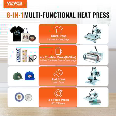 VEVOR Presse a Chaud 8-en-1 Plaque 30x38 cm, Machine de Sublimation Textile avec Presse a Tasses de 18-89 cL, Pivotant a 360°, Controle Numerique Precis, DIY T-shirts/Chapeaux/Tasses/Assiettes, Vert