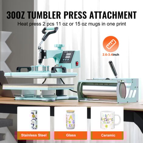 VEVOR Presse a Chaud 8-en-1 Plaque 30x38 cm, Machine de Sublimation Textile avec Presse a Tasses de 18-89 cL, Pivotant a 360°, Controle Numerique Precis, DIY T-shirts/Chapeaux/Tasses/Assiettes, Vert