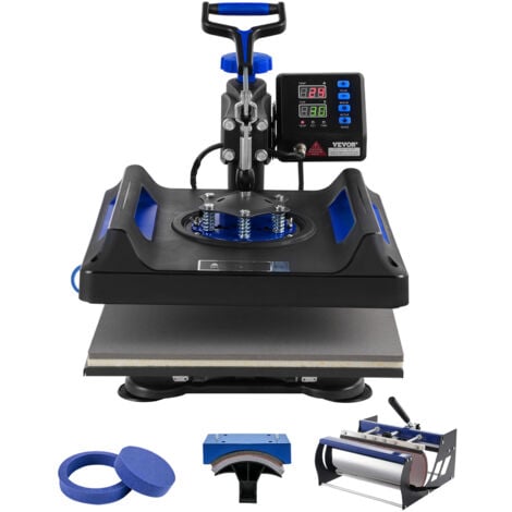 VEVOR Presse a Chaud 5-en-1, Plaque Chauffante 38x38 cm, Machine de Sublimation Textile avec Presse a Tasses 89 cL, Pivotant a 360°, Pressage Numerique, T-shirt/Chapeau/Tasse/Assiette, Noir et Bleu