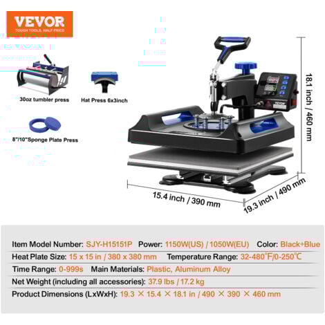 VEVOR Presse a Chaud 5-en-1, Plaque Chauffante 38x38 cm, Machine de Sublimation Textile avec Presse a Tasses 89 cL, Pivotant a 360°, Pressage Numerique, T-shirt/Chapeau/Tasse/Assiette, Noir et Bleu