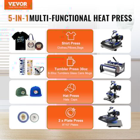 VEVOR Presse a Chaud 5-en-1, Plaque Chauffante 38x38 cm, Machine de Sublimation Textile avec Presse a Tasses 89 cL, Pivotant a 360°, Pressage Numerique, T-shirt/Chapeau/Tasse/Assiette, Noir et Bleu