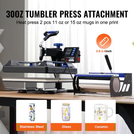 VEVOR Presse a Chaud 5-en-1, Plaque Chauffante 38x38 cm, Machine de Sublimation Textile avec Presse a Tasses 89 cL, Pivotant a 360°, Pressage Numerique, T-shirt/Chapeau/Tasse/Assiette, Noir et Bleu