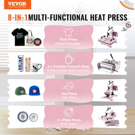 VEVOR Presse a Chaud 8-en-1 Plaque 30x38 cm, Machine de Sublimation Textile avec Presse a Tasses de 18-89 cL, Pivotant a 360°, Controle Numerique Precis, DIY T-shirts/Chapeaux/Tasses/Assiettes, Rose