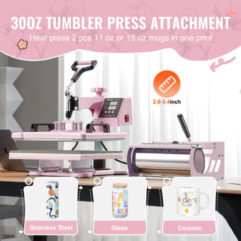 VEVOR Presse a Chaud 8-en-1 Plaque 30x38 cm, Machine de Sublimation Textile avec Presse a Tasses de 18-89 cL, Pivotant a 360°, Controle Numerique Precis, DIY T-shirts/Chapeaux/Tasses/Assiettes, Rose