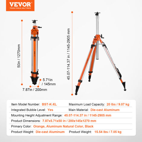 Trepied de niveau laser VEVOR, support filete 5/8"-11, reglage de la hauteur de 45,07 a 114,37 pouces, trepied dearpentage robuste, avec bulle de niveau et limiteur de diffusion
