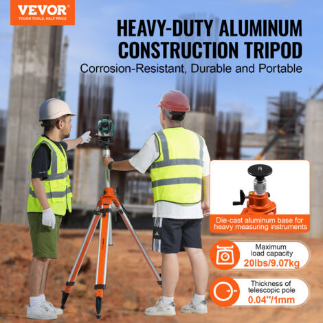 Trepied de niveau laser VEVOR, support filete 5/8"-11, reglage de la hauteur de 45,07 a 114,37 pouces, trepied dearpentage robuste, avec bulle de niveau et limiteur de diffusion