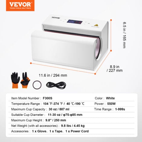 VEVOR Presse a Chaud pour Tasses Mugs Automatique 325-887 mL Diametre 75-85 mm, Machine de Sublimation Temperature et Temps Reglables, Chauffage Rapide et Uniforme, pour Transferer Images sur Mug