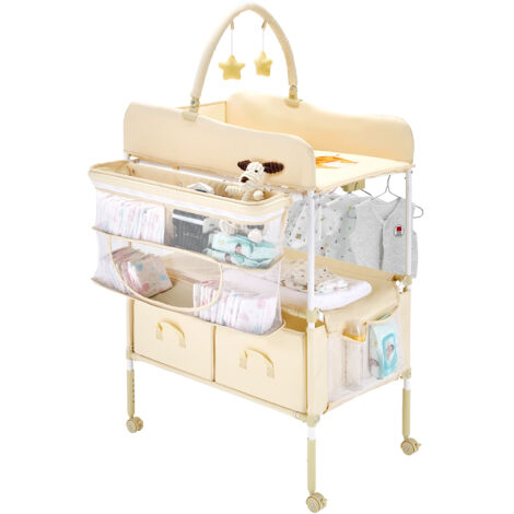 Table à Langer Pliable Avec Tiroirs Et Roulettes - Réglable En Hauteur (83-91cm), Tissu Lavable, Sécurité Bébé, Rose