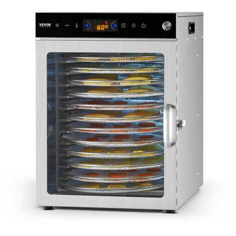 VEVORDeshydrateuralimentairerotatif,12plateauxenacierinox,sechoirelectriquealiments800W,temperaturereglable,minuterie24h,pourviande,fruits,legumes,herbes,friandisespourchiens
