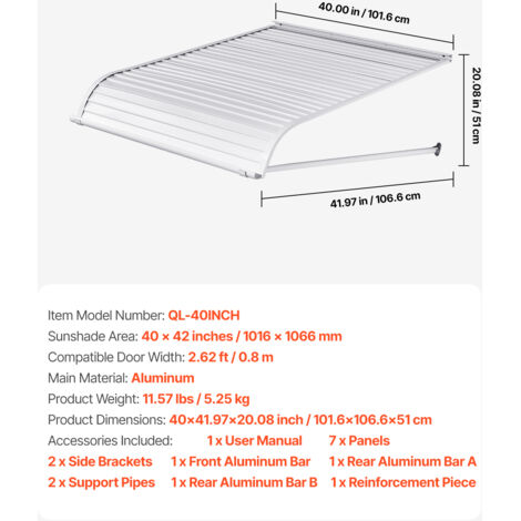 Auvent De Porte Extérieur VEVOR 101,6x106,6 Cm – Aluminium, Protection Contre Pluie/soleil/neige, Pour Entrée/balcon