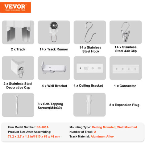 VEVOR Ensemble Rails Rideaux Plafond 1,8m - Système Coulissant Séparateur Pièce, Installation Mur/Plafond, Crochets Inclus, Blanc