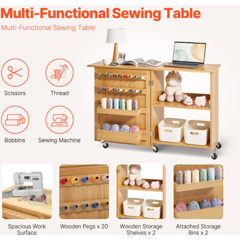 Table de couture pliante, table pour machine à coudre polyvalente avec design compact, roulettes, étagères, plateaux de rangement, chevilles en bois et portes magnétiques, couleur bois naturel | FR