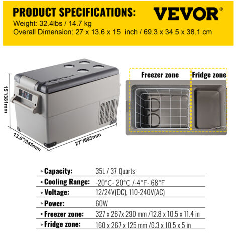 VEVOR 1.23Cuft Compresseur Portable Refrigerateur Portatif Petit Refrigerateur pour vehicule 220V