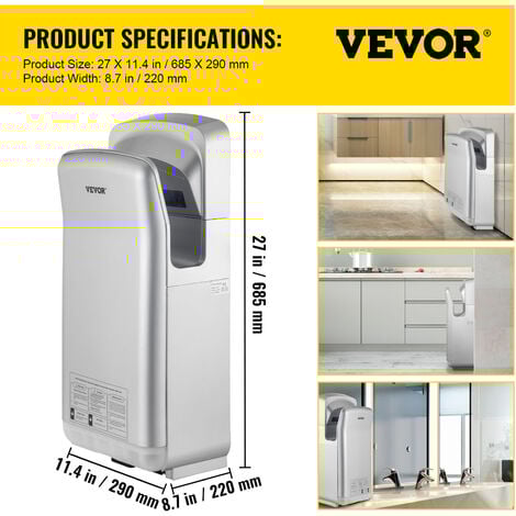 VEVOR Seche-Mains Automatique 2000W Seche Main Air Pulse Electrique Commercial ABS Super Puissant Filtration HEPA 43℃ Moteur a Balais Carbone pour Secher Sechage Mains Toilettes 290x220x685 mm Argent