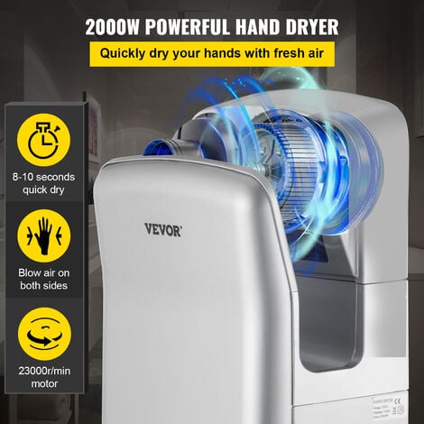 VEVOR Seche-Mains Automatique 2000W Seche Main Air Pulse Electrique Commercial ABS Super Puissant Filtration HEPA 43℃ Moteur a Balais Carbone pour Secher Sechage Mains Toilettes 290x220x685 mm Argent
