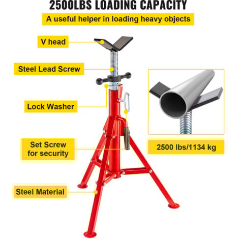 VEVOR Support chandelle a tuyaux 4500 lbs Support de tuyau avec tete en V pour soutenir le tuyau pendant le filetage hauteur reglable jusqu’a 52 pouces / 132cm