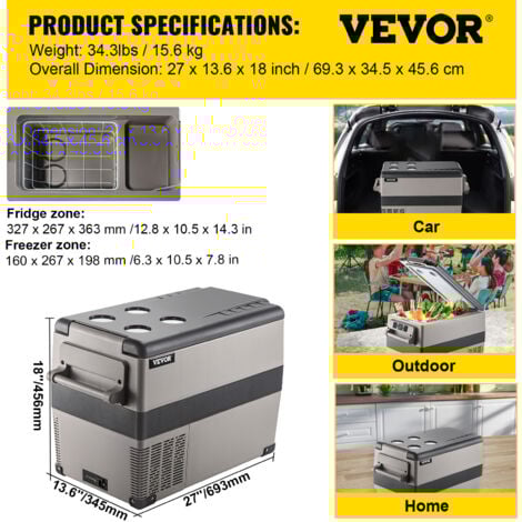 VEVOR Glaciere Electrique Voiture, 45W, Refrigerateur Portable a Compression,45L, Mini Frigo, 69x35x46 cm, Glaciere Electrique, Mini Congelateur Compresseur pour Maison / Voiture / Camping