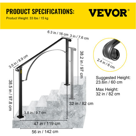 Rampe D'escalier Carrée Noire, 1m 1.5m 2m 3m 4m 4.5m 5m 6m