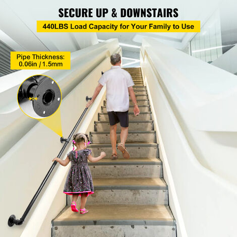 VEVOR Rampe Escalier Murale 3 m Main Courante Acier Carbone Garde-Corps Metal Capacite Charge 200 kg/Tube Rambarde en 3 Tubes 32 mm 4 Supports Muraux pour Enfants Personnes Âgees Interieur Exterieur