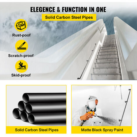 VEVOR Rampe Escalier Murale 3 m Main Courante Acier Carbone Garde-Corps Metal Capacite Charge 200 kg/Tube Rambarde en 3 Tubes 32 mm 4 Supports Muraux pour Enfants Personnes Âgees Interieur Exterieur