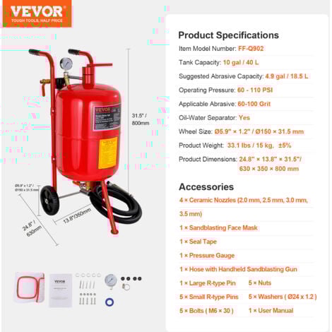 VEVOR Sableuse Pneumatiques en Acier, Machine de Sablage Rouge avec Cabine Sablage 40 L, Sableuse Professionnel pour le Nettoyage de Surface, le Sculpture, la Elimination de la Rouille et la Remise