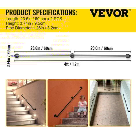 VEVOR Rampe Escalier Murale 1,2 m Main Courante Acier Carbone Garde-Corps Metal Capacite Charge 200 kg/Tube Rambarde en 2 Tubes 32 mm 3 Supports Muraux pour Enfants Personnes Âgees Interieur Exterieur