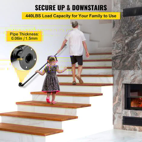VEVOR Rampe Escalier Murale 1,2 m Main Courante Acier Carbone Garde-Corps Metal Capacite Charge 200 kg/Tube Rambarde en 2 Tubes 32 mm 3 Supports Muraux pour Enfants Personnes Âgees Interieur Exterieur