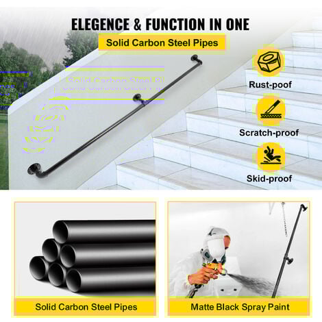 VEVOR Rampe Escalier Murale 1,2 m Main Courante Acier Carbone Garde-Corps Metal Capacite Charge 200 kg/Tube Rambarde en 2 Tubes 32 mm 3 Supports Muraux pour Enfants Personnes Âgees Interieur Exterieur