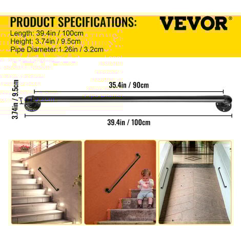VEVOR Rampe Escalier Murale 0,9 m Main Courante Acier Carbone Garde-Corps en Metal Capacite Charge 200 kg/Tube Rambarde en Tube 32 mm 2 Supports Muraux pour Enfants Personnes Âgees Interieur Exterieur