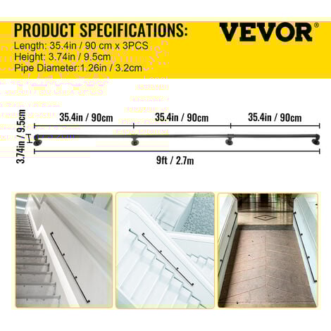 VEVOR Rampe Escalier Murale 2,7 m Main Courante Acier Carbone Garde-Corps Metal Capacite Charge 200 kg/Tube Rambarde en 3 Tubes 32 mm 4 Supports Muraux pour Enfants Personnes Âgees Interieur Exterieur