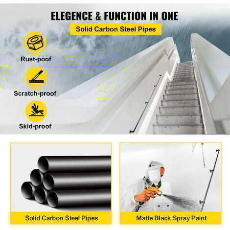 VEVOR Rampe Escalier Murale 2,7 m Main Courante Acier Carbone Garde-Corps Metal Capacite Charge 200 kg/Tube Rambarde en 3 Tubes 32 mm 4 Supports Muraux pour Enfants Personnes Âgees Interieur Exterieur