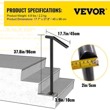 VEVOR Rampe deescalier 2 Etapes, Main Courante pour Escalier Exterieur, Hauteur 96 cm, Barre deescalier en Fer Garde-corps pour Escalier Antirouille Porche Jardin Garage Âges Enceintes, Noir Mate