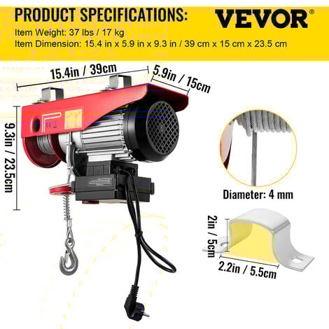 VEVOR Treuil a Cable Electrique 250/500 kg Palan Electrique a Cable Mecanique avec Telecommande, 1020 W Treuil-Palan 550/1100 lb Treuil a Distance sans Fil pour Maison Atelier Garage Entrepot Levage