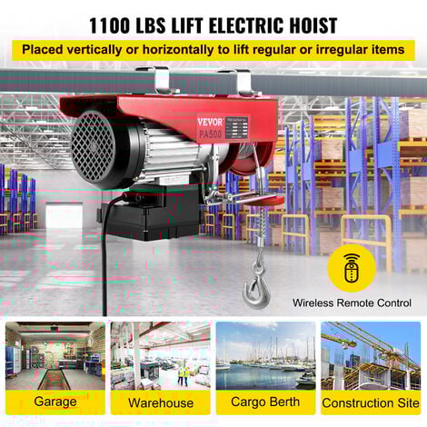 VEVOR Treuil a Cable Electrique 250/500 kg Palan Electrique a Cable Mecanique avec Telecommande, 1020 W Treuil-Palan 550/1100 lb Treuil a Distance sans Fil pour Maison Atelier Garage Entrepot Levage