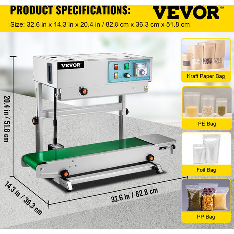 VEVOR Machine de Scellage en Continu Automatique 700 W / 220 V Sac a Sceller Verticale 6-12 mm Scelleuse a Bande Continue pour la Nourriture, Medicaments, Necessites Quotidiennes, Produits Chimiques