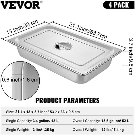 VEVOR Bac Inox Alimentaire Lot de 4 Plats a Four en Acier Inoxydable 13L Epaisseur 0,8mm Bac Poli Rectangulaire Effet Miroir Aliments Chauds et Froids pour Cuisine de Restaurant Gril Gateaux Tartes