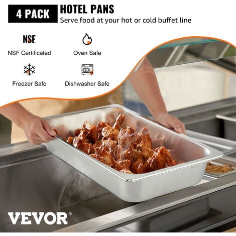 VEVOR Bac Inox Alimentaire Lot de 4 Plats a Four en Acier Inoxydable 13L Epaisseur 0,8mm Bac Poli Rectangulaire Effet Miroir Aliments Chauds et Froids pour Cuisine de Restaurant Gril Gateaux Tartes