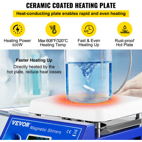 VEVOR Agitateur Magnetique Chauffant 200-2000 tr/min 5 L Melangeur  Magnetique a Plaque Chauffante jusqua 320C Agitateur de Laboratoire  Numerique LED Double Commande pour Recherche Etude Experience
