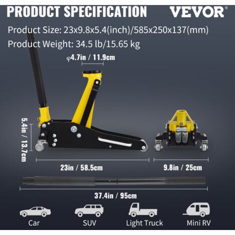 VEVOR Cric Hydraulique Rouleur Capacité de 1,5 T Cric de Plancher  Hydraulique à Profil Bas Hauteur 80-365 mm Cric de Service Profil Bas  Utilisé pour Une Utilisation Industrielle Générale ou Intensive