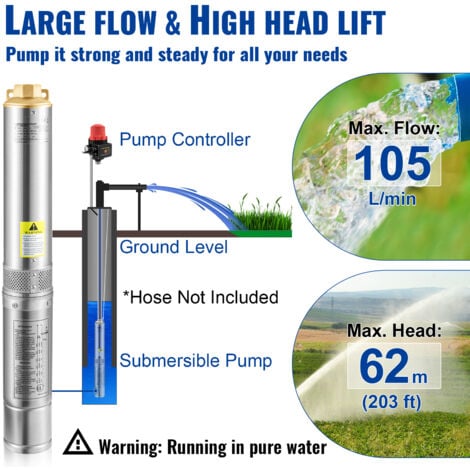 Mophorn Pompe submersible pour puits profonds 750W 230V 105L/min 62m Head IP68 Stainless Steel