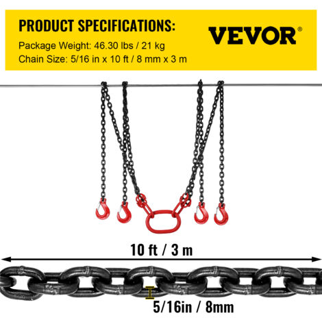 VEVOR Élingue à Chaîne Charge 5T avec 3m Chaîne en Acier G80 Mn Chaîne de  Levage de Poids à 4 pieds avec Crochet pour Activités Levage et Déplacement