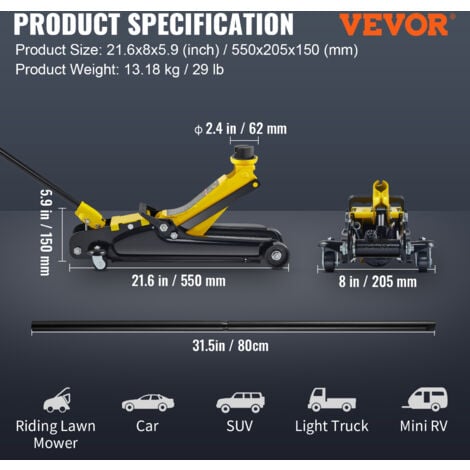 VEVOR Cric Hydraulique Rouleur 2,5 T Cric de Plancher Hydraulique a Profil Bas Hauteur 85-380 mm Cric de Service Profil Bas a Piston Unique avec 2 Roues Directionnelles pour Lever Camion SUV Atelier