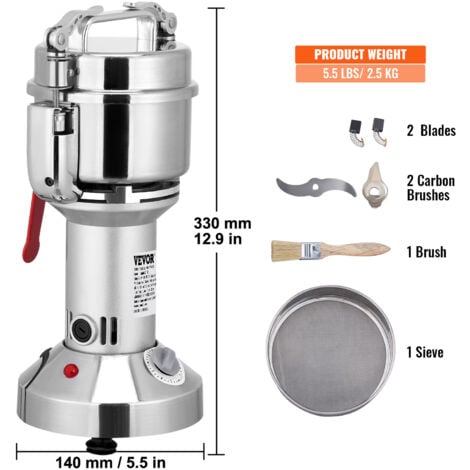 VEVOR Moulin a Grain Electrique 150 g 1050 W Broyeur a Epices avec Lames  Inox a 3 Couches Moulin a Cafe Broyage Super Fin 25000 r/min Finesse 40-200  Mailles pour Moudre Matieres Secs Cereales Herbes